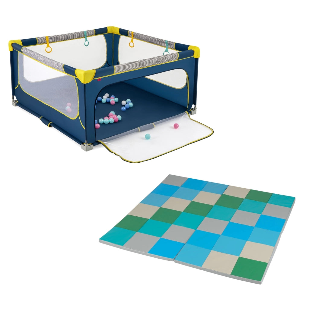 Box pieghevole per bambini e tappetino attivit¨¤ patchwork per bambini, Recinto per bambini e tappetini da gioco set 2 pz Blu