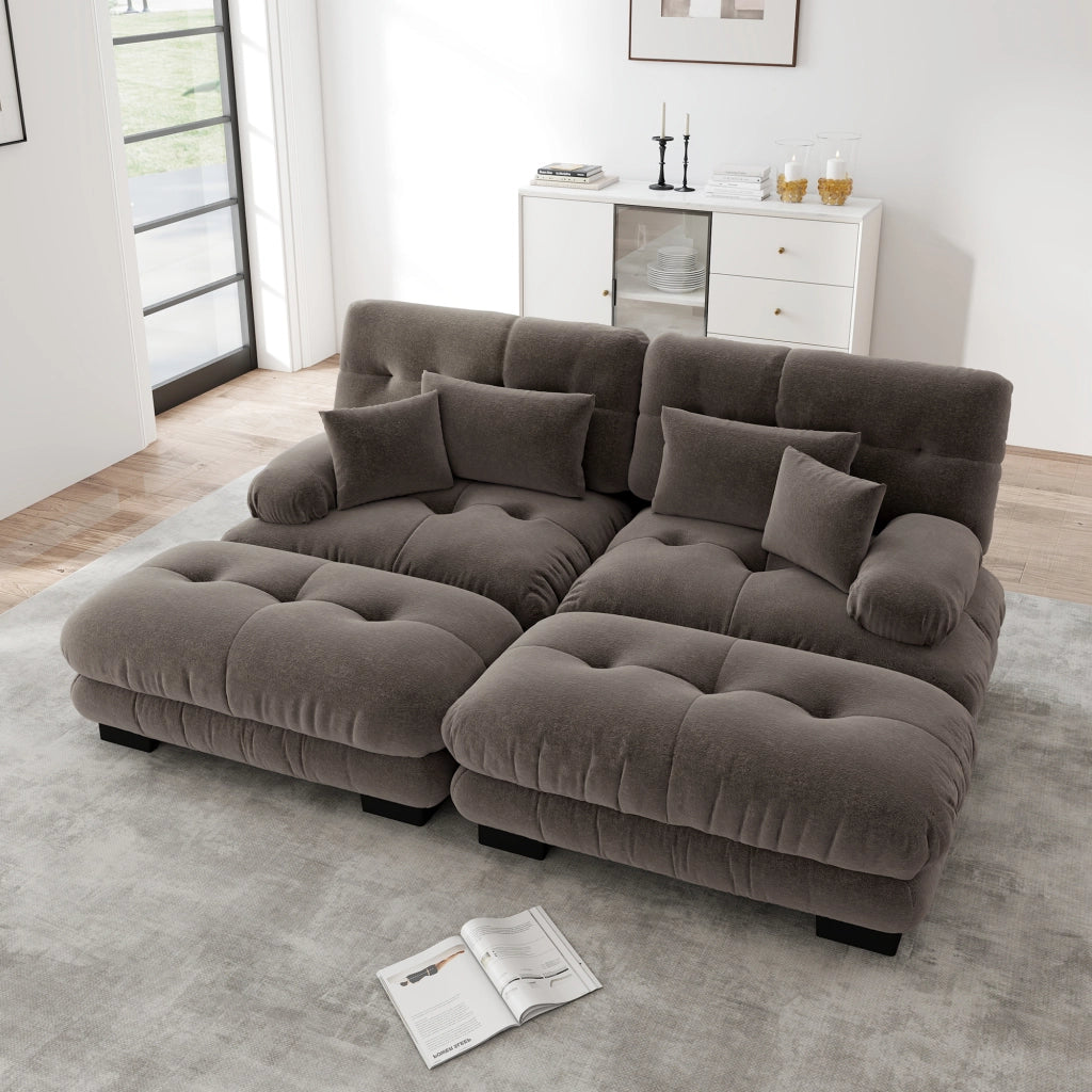 Divano modulare 220x145 cm con 2 ottomane e cuscini; per soggiorno; in ciniglia marrone