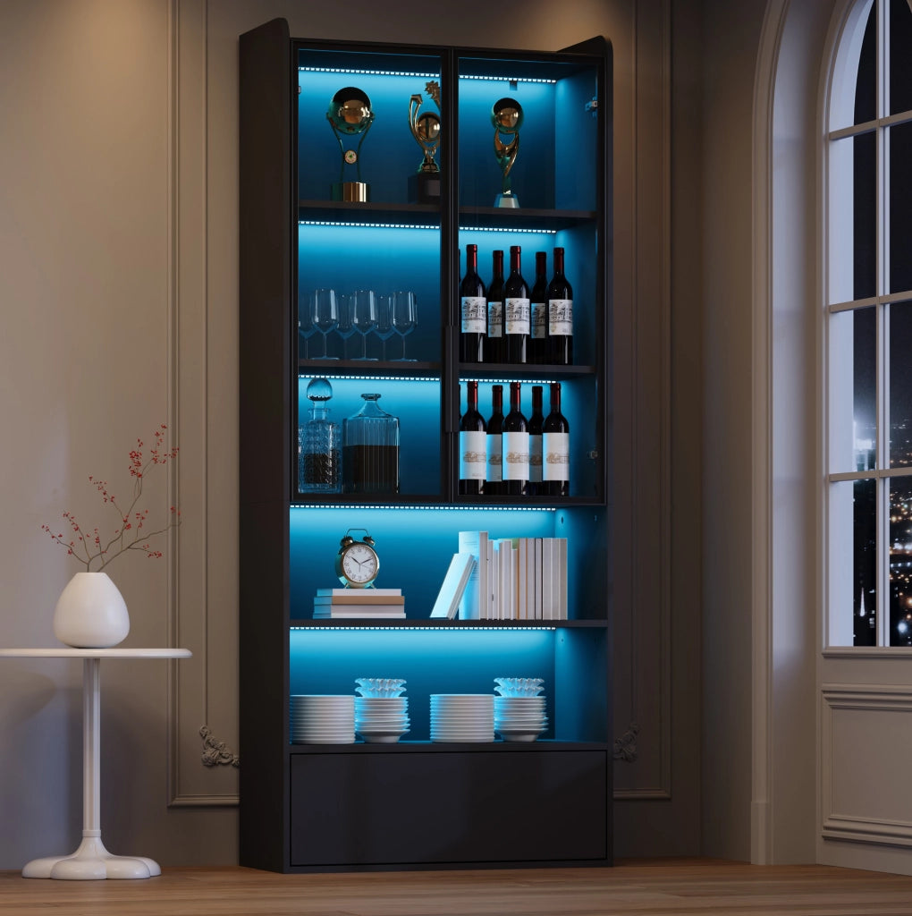 Vetrina Alta 80x34x180 cm con Vetro, 1 Cassetto e Illuminazione LED Controllabile via App, Nero