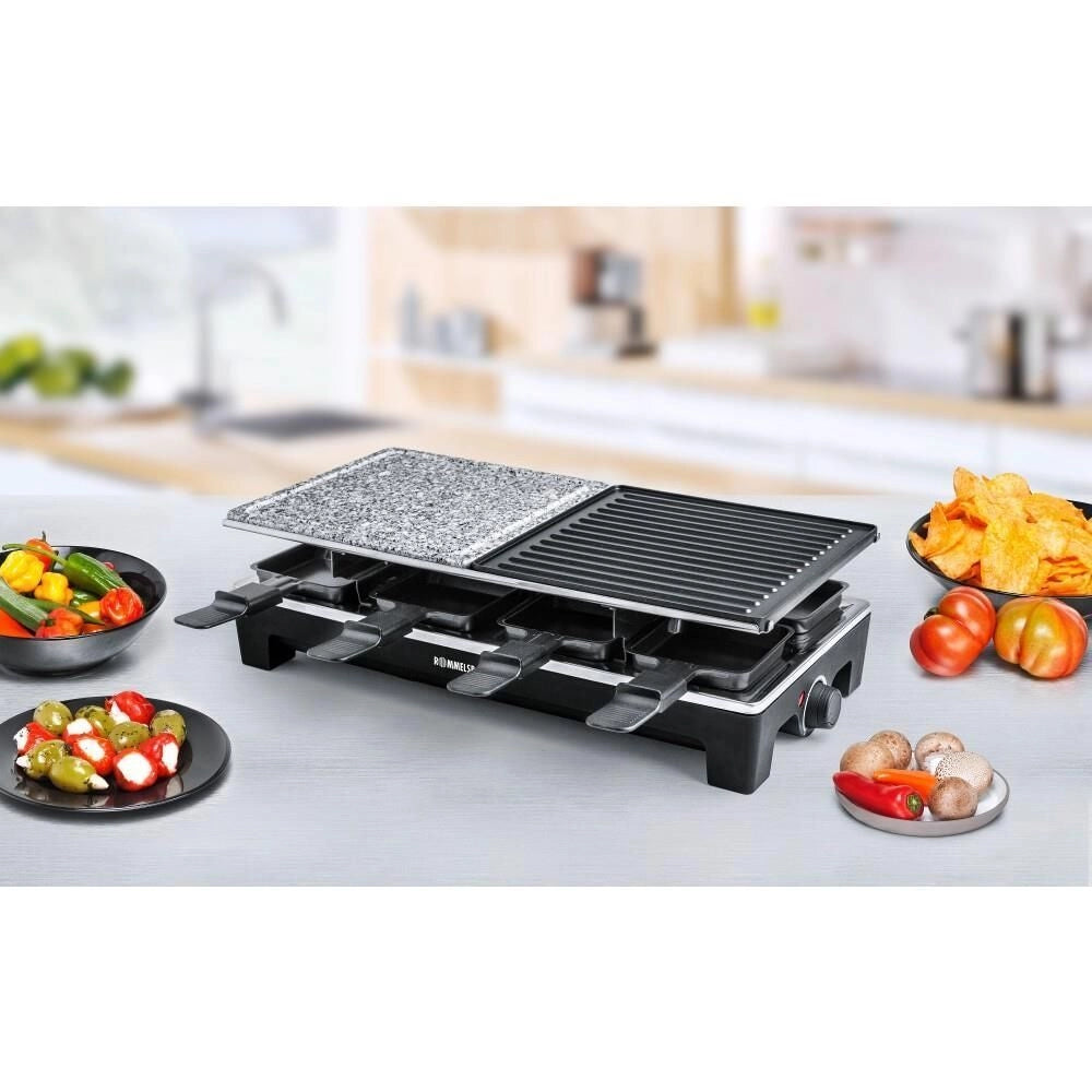 Rommelsbacher RCS 1350 Set Raclette Gourmet con Piastra in Pietra Naturale e 2 Piastre in Alluminio Pressofuso 1350 W 8 Personas colore Nero - Acciaio Inox