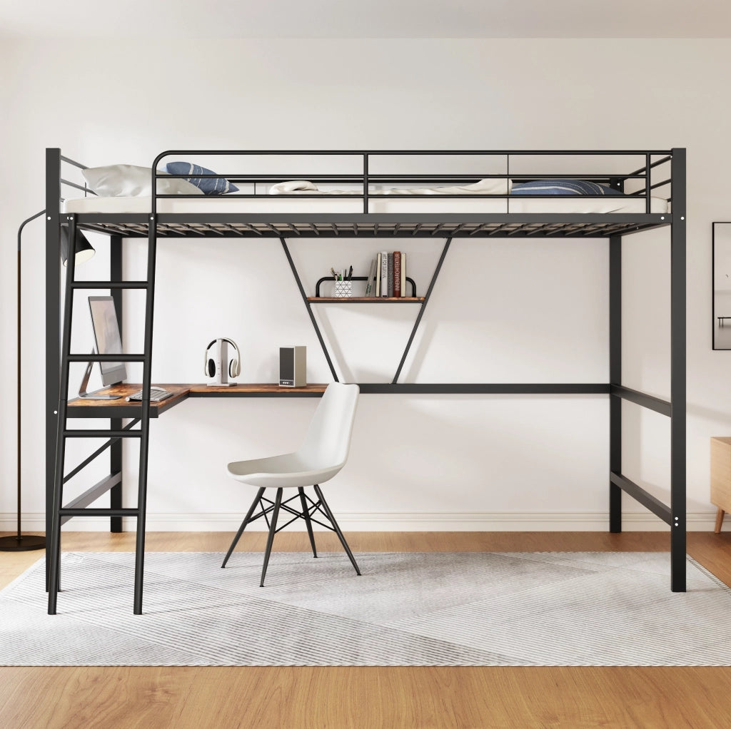LETTO a soppalco 90x200 cm in metallo nero con scrivania a L e ripiano