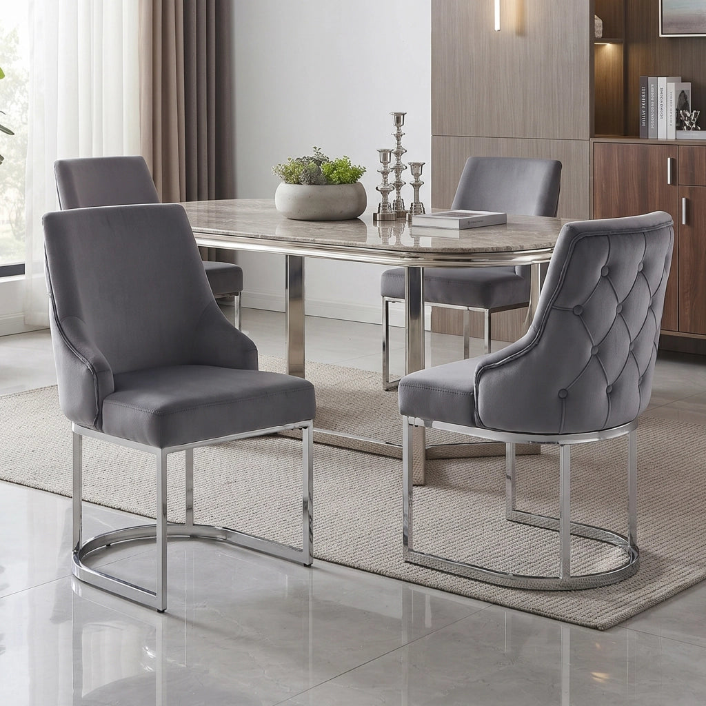 Sedie da sala da pranzo set di 2 con schienale trapuntato e gambe metalliche, in velluto grigio e argento