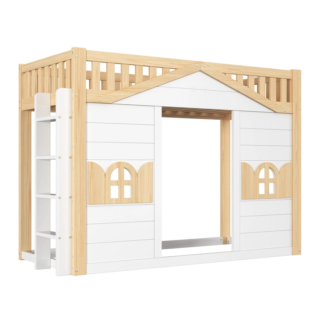 Letto a soppalco per bambini 90 × 200 cm, 1 posto con scala reversibile e finestra, senza materasso, bianco in pino