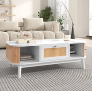 Tavolino da caffè in rattan con ante in legno massello, 110x55x38,5 cm, bianco e legno naturale