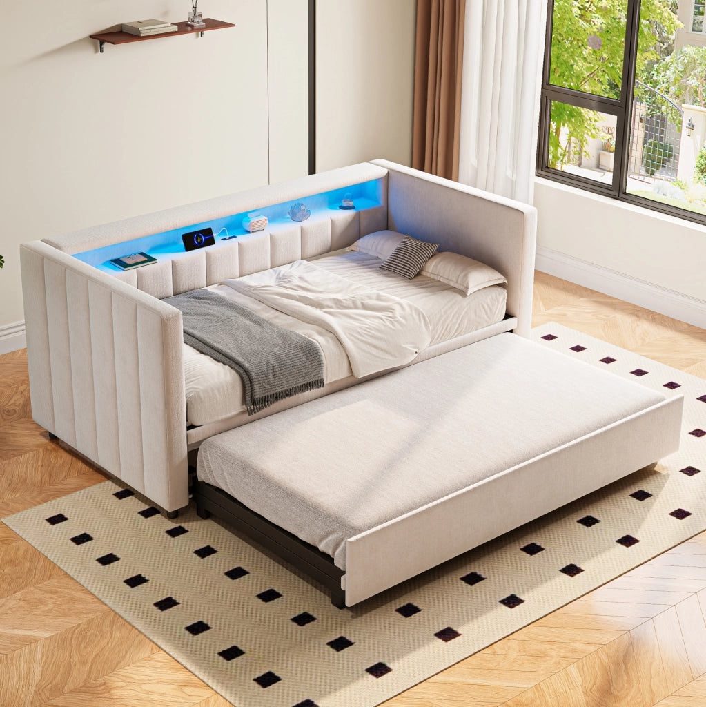 Divano letto estraibile con LED e USB Type-C; 90x190 cm; in velluto beige