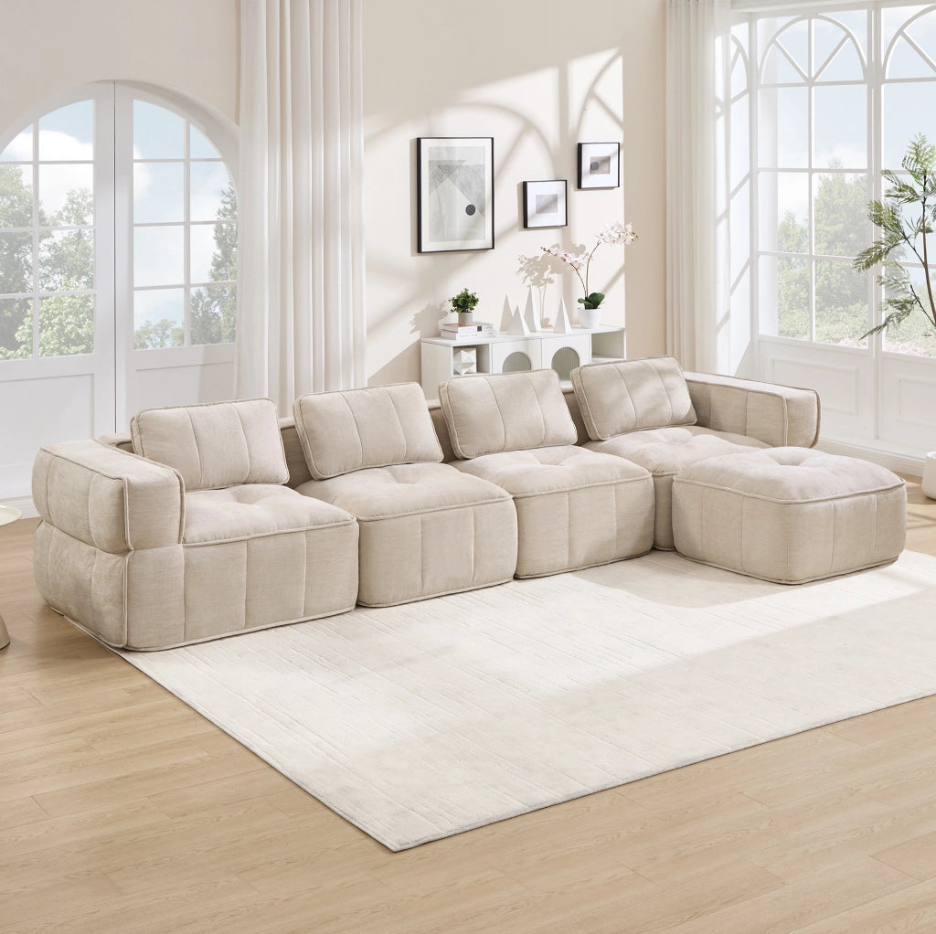 DIVANO Modulare con Pouf 344x162x67 cm Poliestere Beige