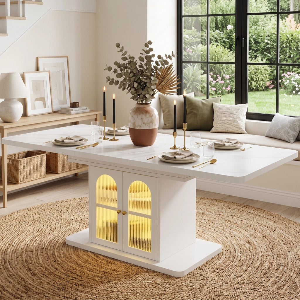 Tavolo da pranzo allungabile con vani contenitore e LED regolabili, stile scandinavo, in MDF bianco, 150/200 × 80 cm