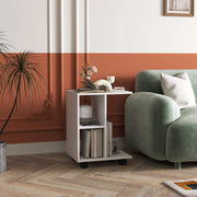 Tavolino laterale a C con ruote e vani portaoggetti 45x35x58 cm in truciolare bianco