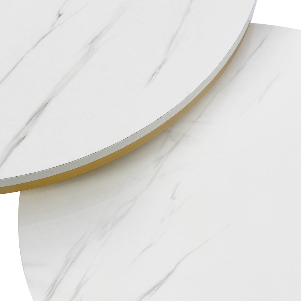 Tavolini bassi a incastro rotondi set di 2 in MDF bianco lucido effetto marmo con struttura in metallo dorata