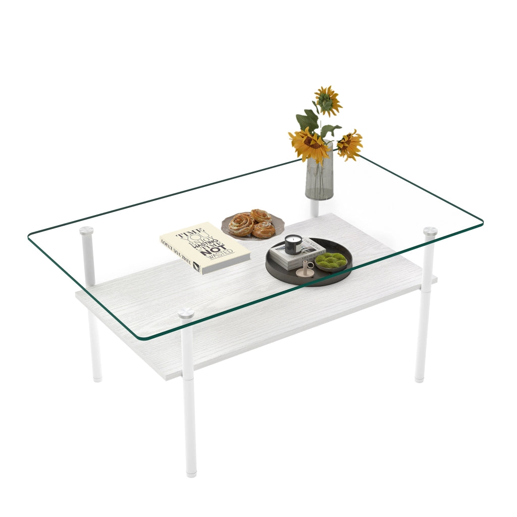 Tavolino da caffè con piano in vetro e ripiano, per soggiorno, bianco, 98×58×45 cm