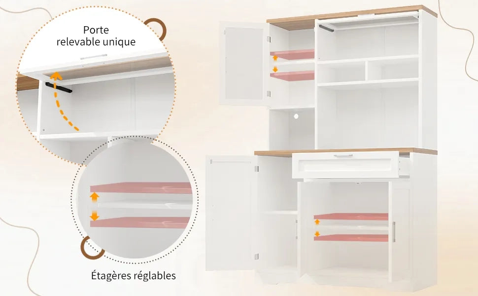 Armadio da cucina alto/vetrina con illuminazione LED, 104x40x180 cm, bianco/nero, per cucina e soggiorno