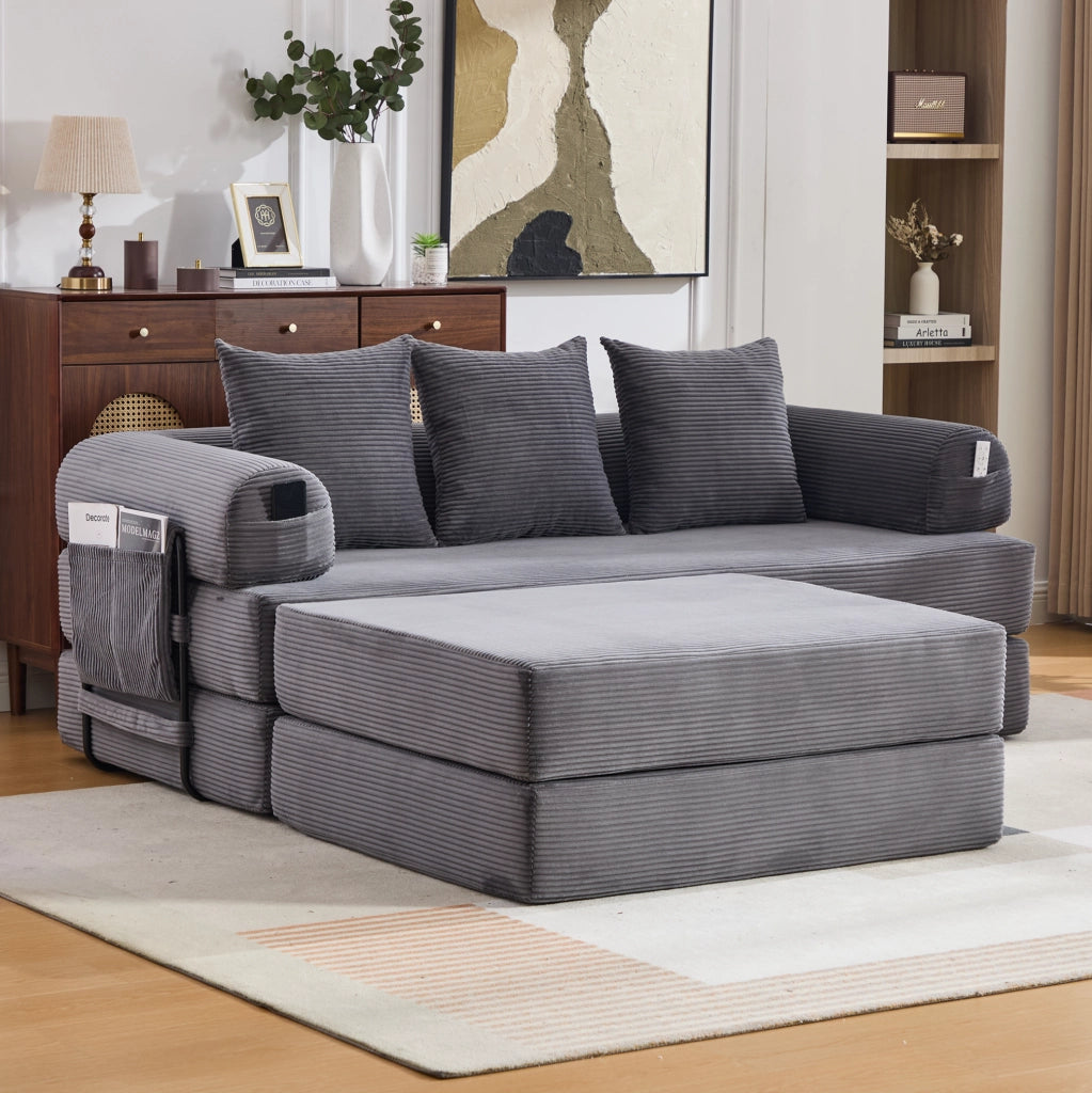 Divano modulare 200x190x67 cm in velluto a coste grigio scuro con tasca laterale