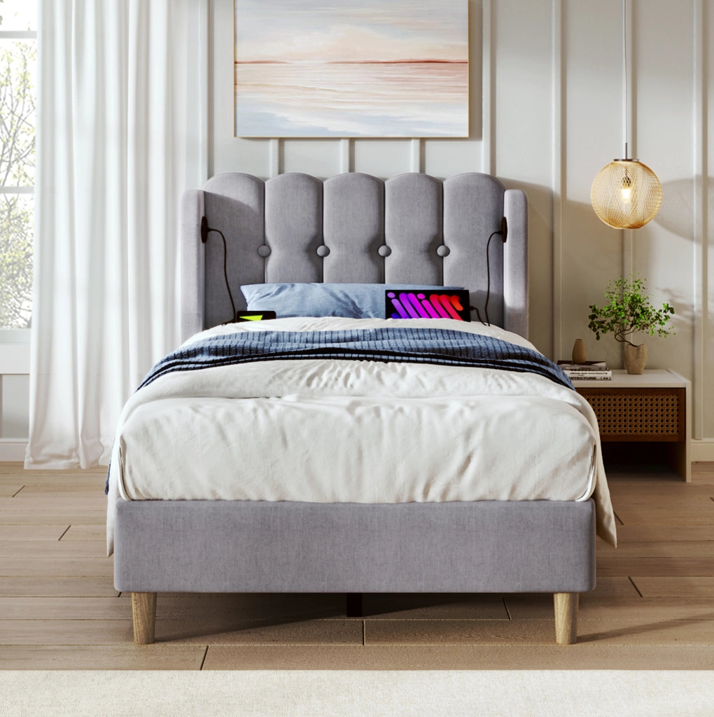 Letto singolo imbottito grigio con ricarica USB e Tipo-C 90x200 cm