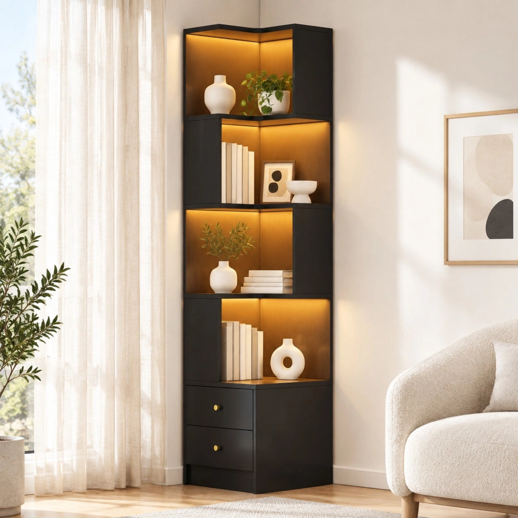 Libreria angolare a L 45x43,5x180 cm con LED controllabile da app e 2 cassetti nera HAVRYA