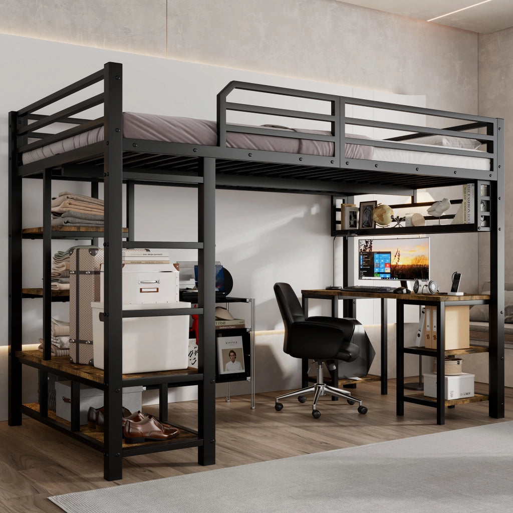 Letto a soppalco per bambini 120 × 200 cm con scrivania ripiano scala a 4 gradini metallo nero noce scuro