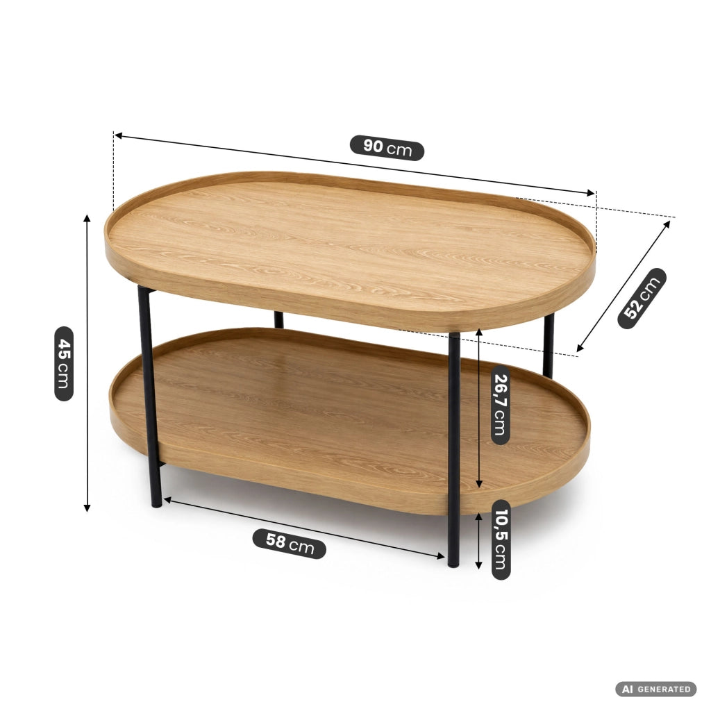 Tavolino da salotto stile loft CORTADO 90 cm ovale con ripiano legno naturale gambe nere