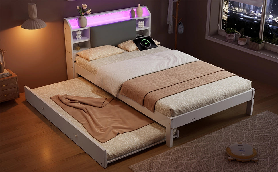 Letto 120x200 cm bianco con letto estraibile 90x190 cm; testiera imbottita; LED e ricarica