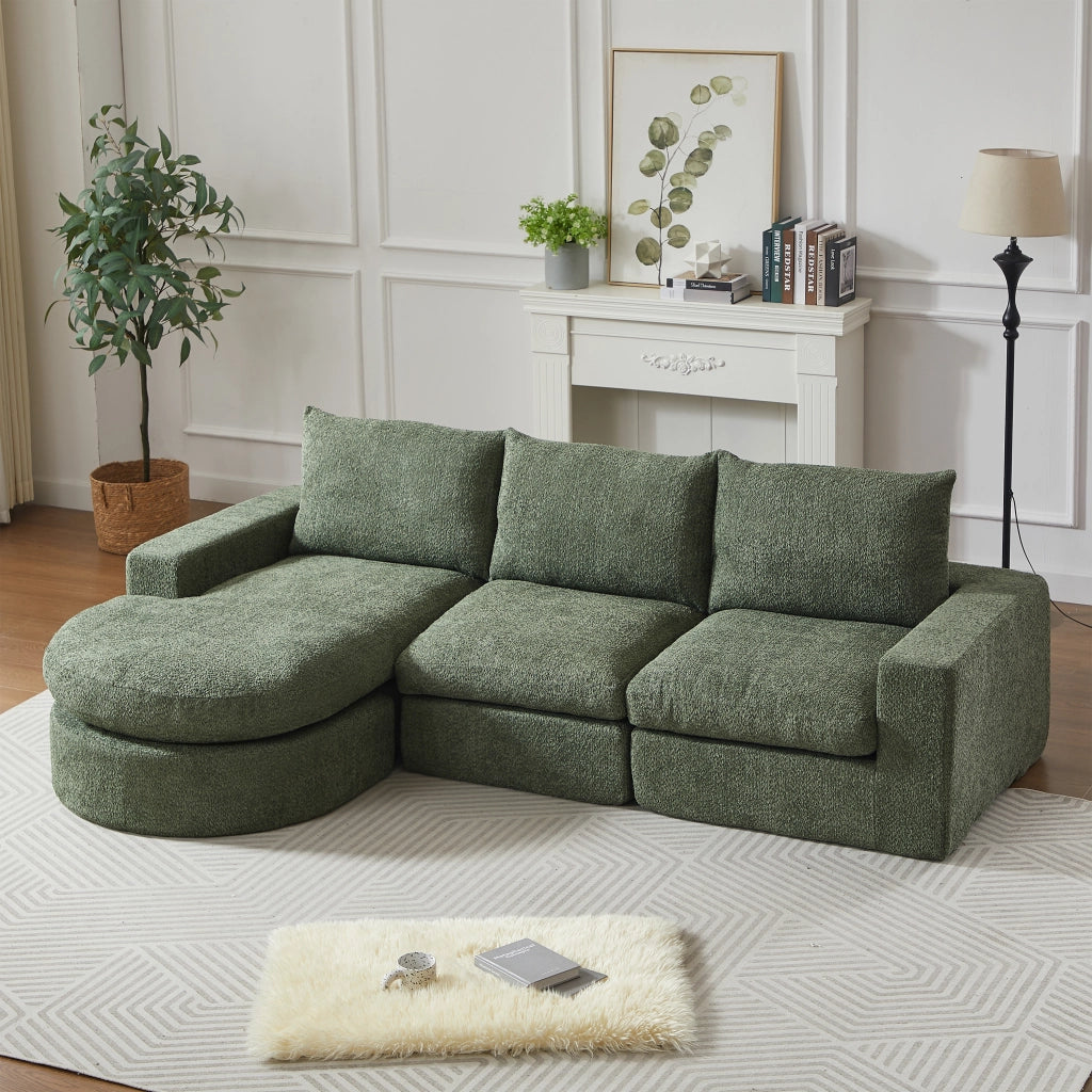 Divano angolare modulare in ciniglia verde con chaise longue reversibile e cuscini 251 × 160 × 81 cm