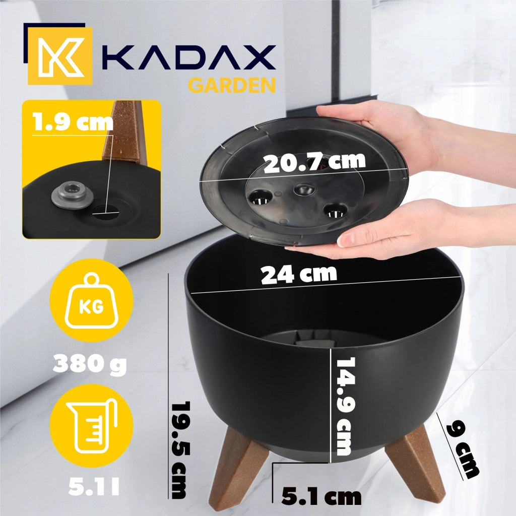 Vaso da fiori KADAX 24 cm con coperchio e gambe di supporto, colore nero.