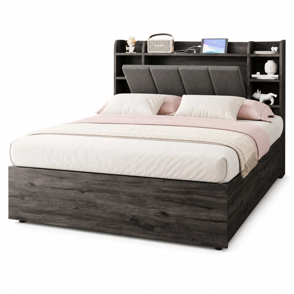 Letto contenitore 140 × 200 cm con testiera a ripiani MDF grigio prese USB e Type-C sollevamento idraulico