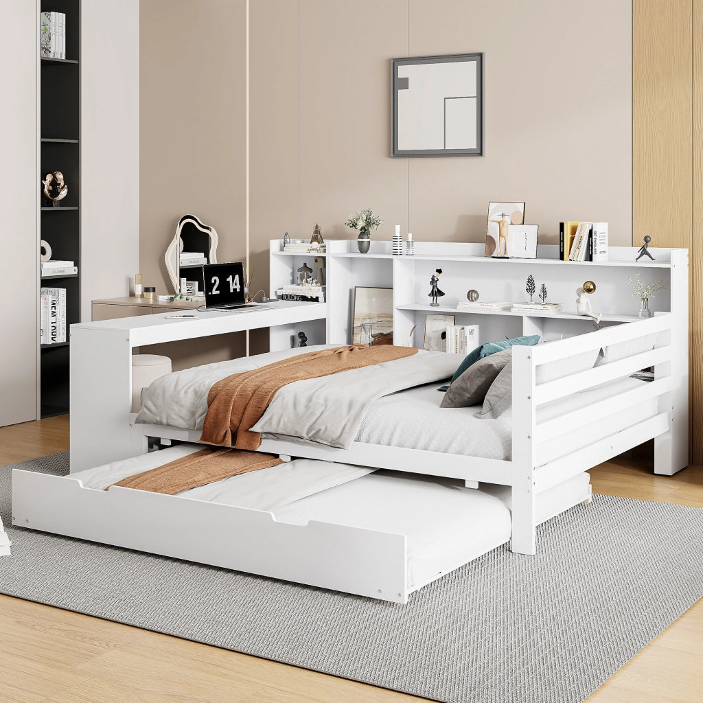Letto con letto estraibile 140 × 200 cm con scrivania; ripiani; vani e prese USB in legno bianco