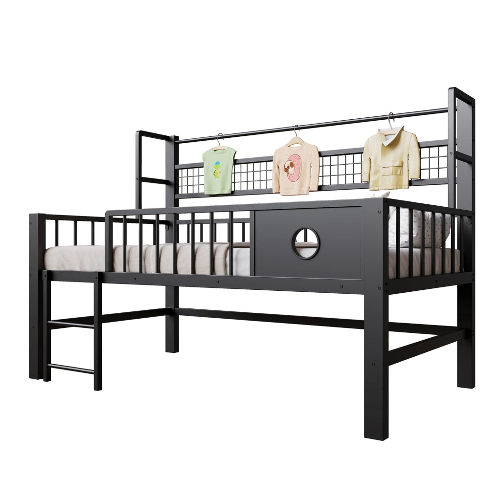 Letto per bambini 90x200 cm con struttura in metallo, soppalco basso con ripiani e appendiabiti, colore nero