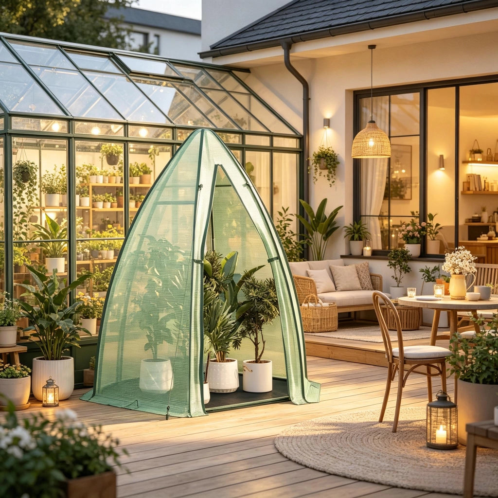 Serra da giardino con telo in PE 130 gsm e base isolante; struttura in acciaio con porta e finestra