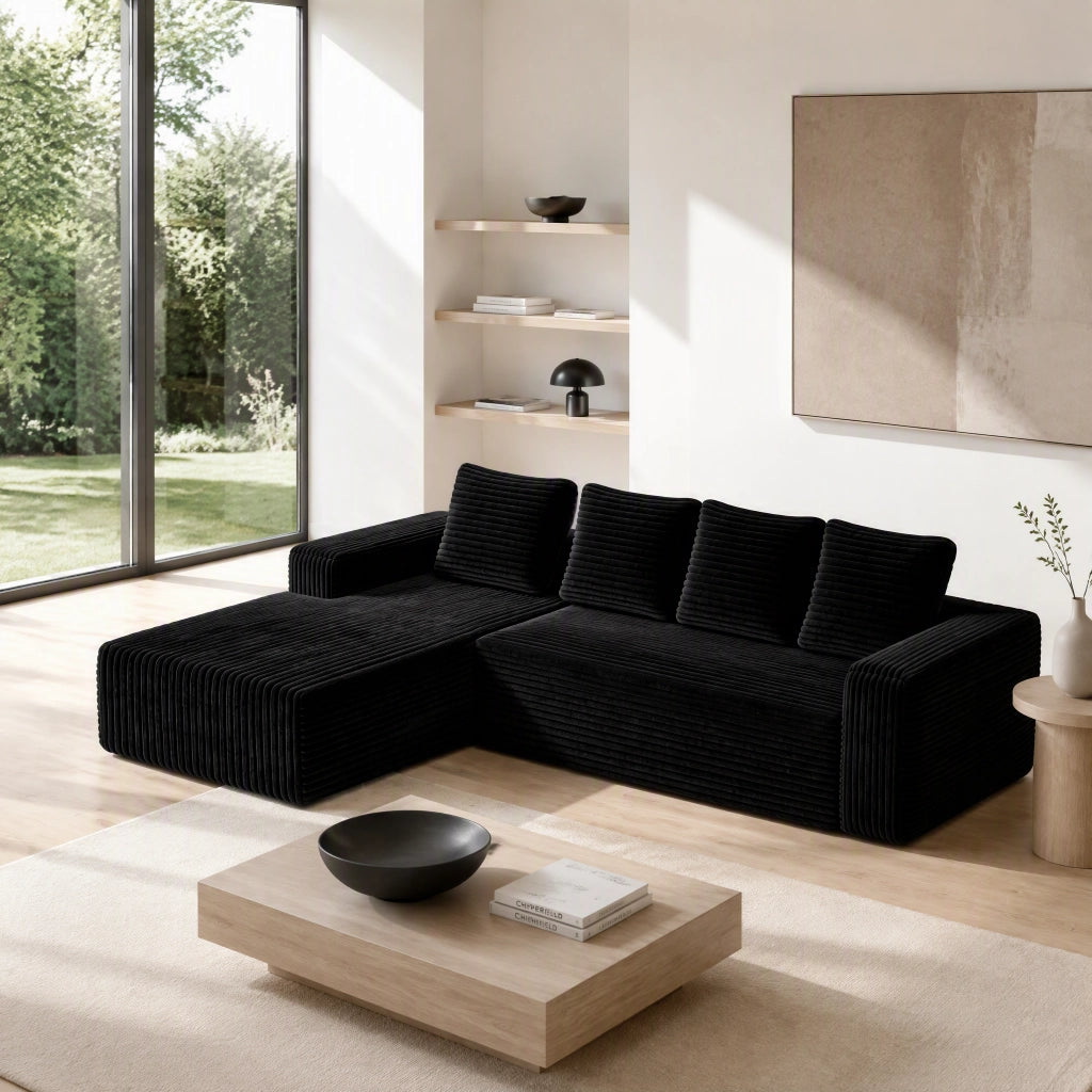 Divano modulare a L 261x168 cm in velluto a coste nero, composto da 2 elementi