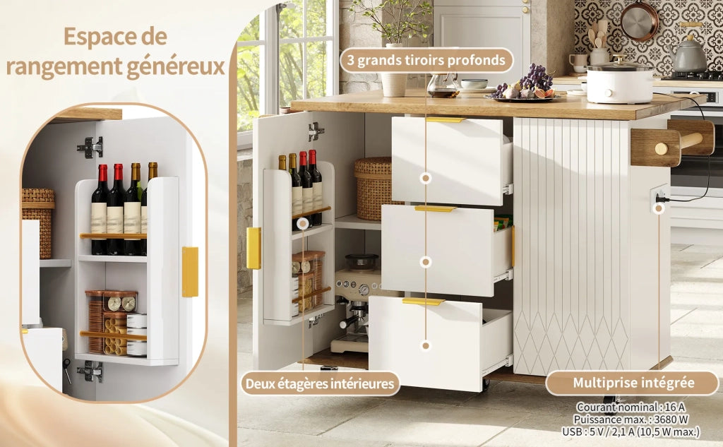Carrello da cucina con piano di lavoro pieghevole e presa elettrica, mobile isola su ruote, bianco effetto legno, portata 70 kg