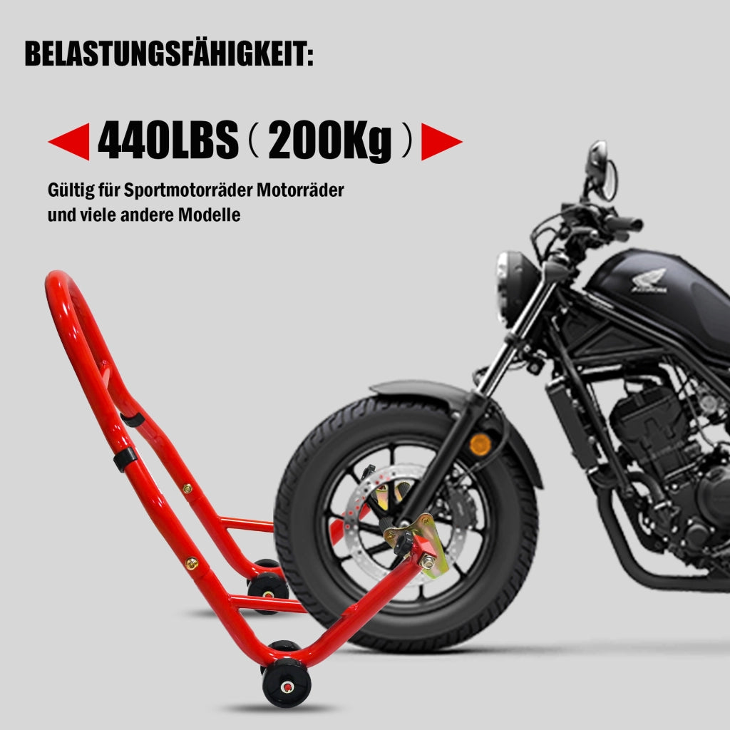 Cavalletto alzamoto anteriore e posteriore in acciaio rosso con forche regolabili portata 200 kg per moto