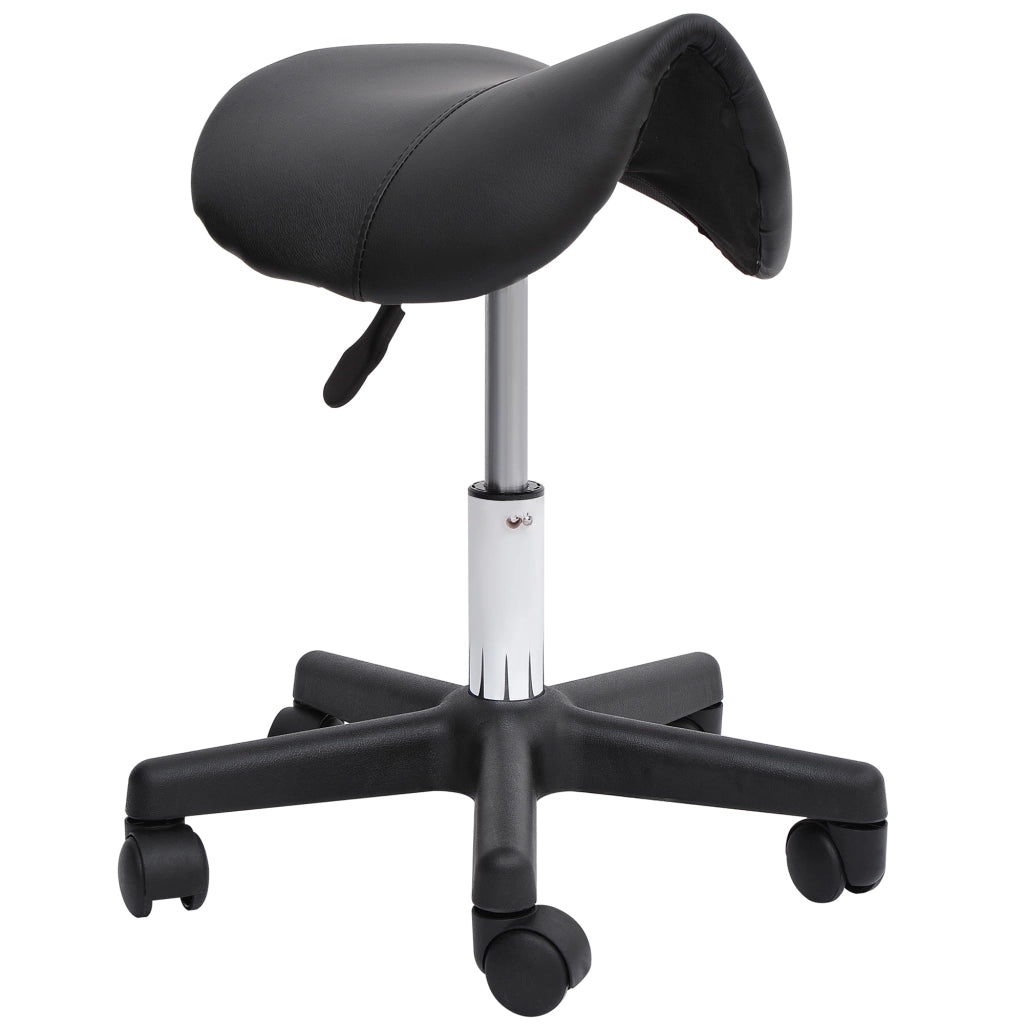 Sgabello girevole regolabile in altezza con rotelle; seduta ergonomica in similpelle nera