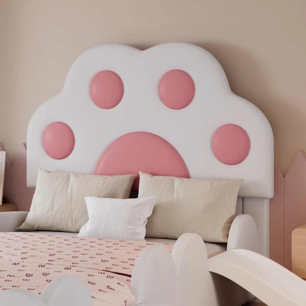 Letto imbottito per bambini 90x200 cm con scivolo e scala in PU bianco e rosa