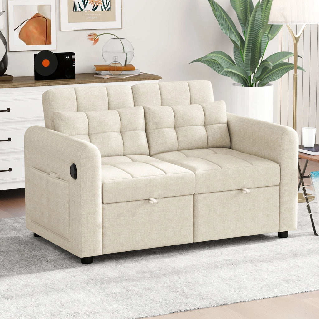Divano letto 2 posti 3 in 1 beige in tessuto effetto lino con schienale regolabile; USB e tasche