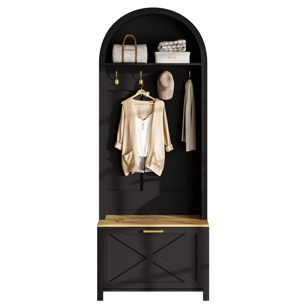 Mobile da Ingresso con Ganci; Ripiano e Scarpiera per Ingresso in MDF 75 x 35 x 195 cm Nero Legno