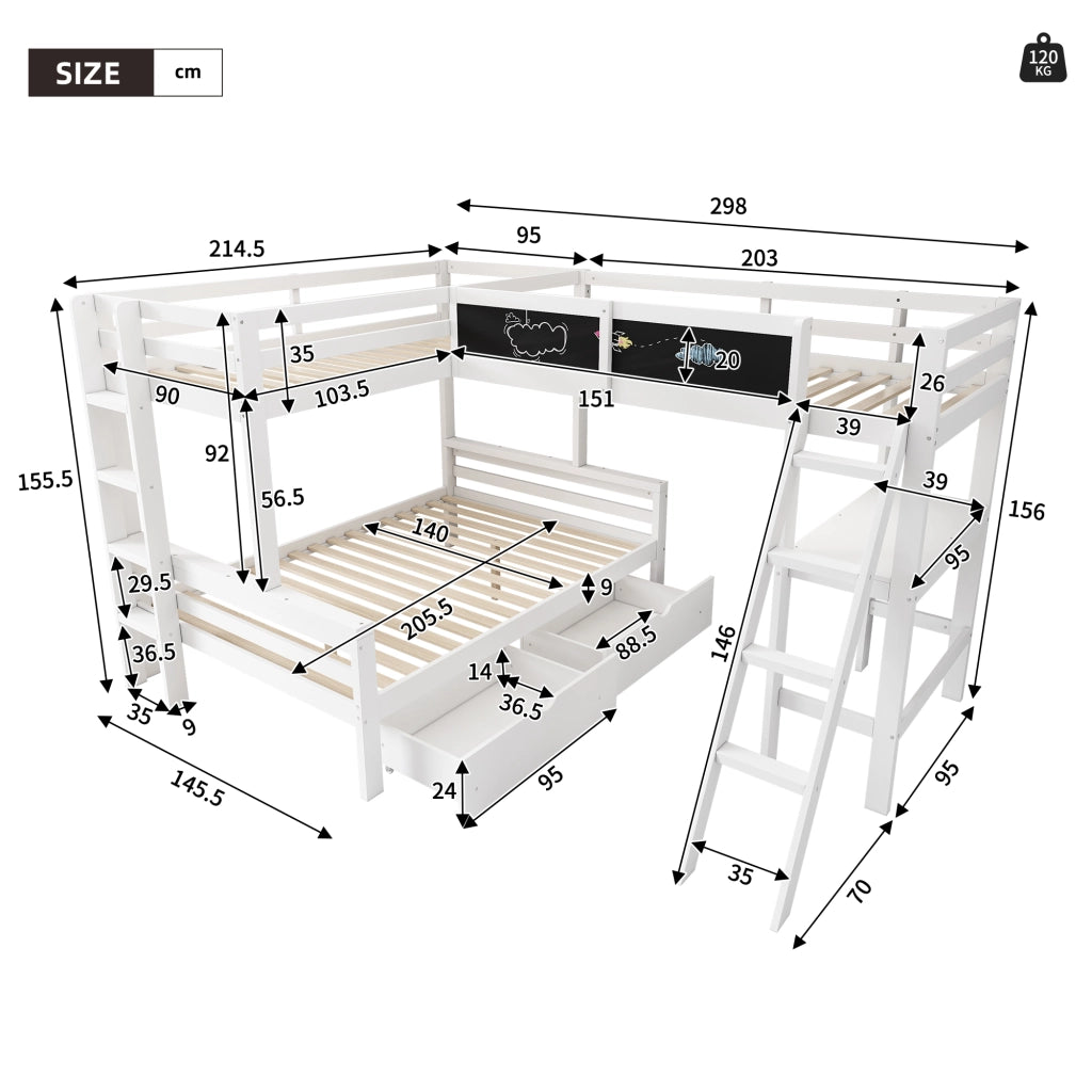 Letto a soppalco per bambini tre posti con scrivania cassetti in legno bianco e rovere con scala sicura