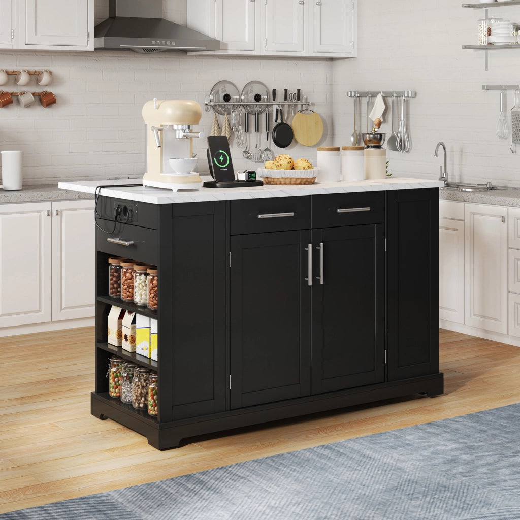 Mobile da cucina con piano ribaltabile; ruote; presa EU e vano rifiuti estraibile nero in MDF 138 × 86 × 92 cm