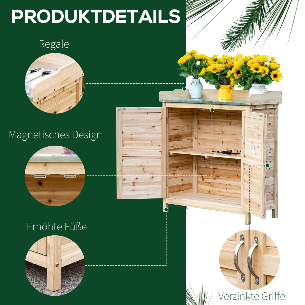 Tavolo da lavoro per giardinaggio con armadietto; 2 ripiani interni e piano zincato 83 × 40 × 92 cm