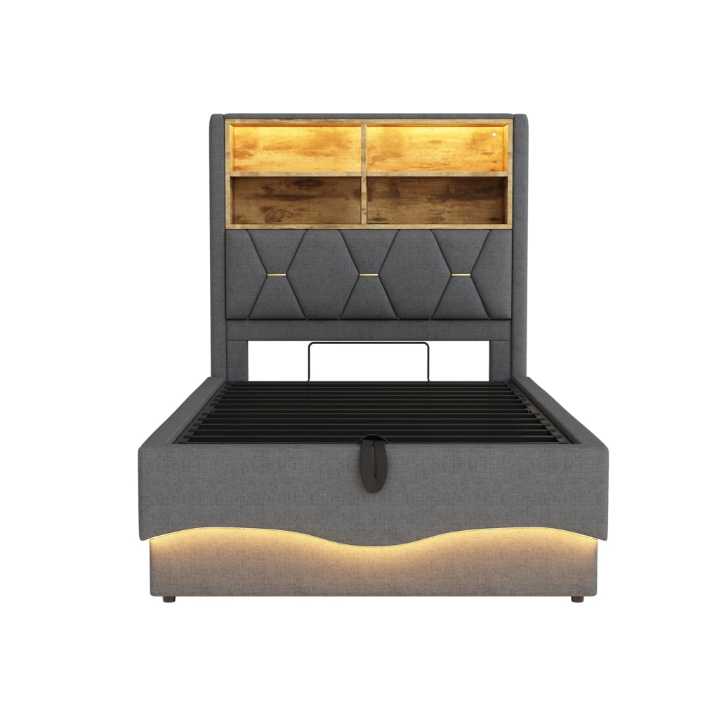 Letto per bambini e ragazzi 90x200 cm con LED, USB e contenitore, grigio in lino