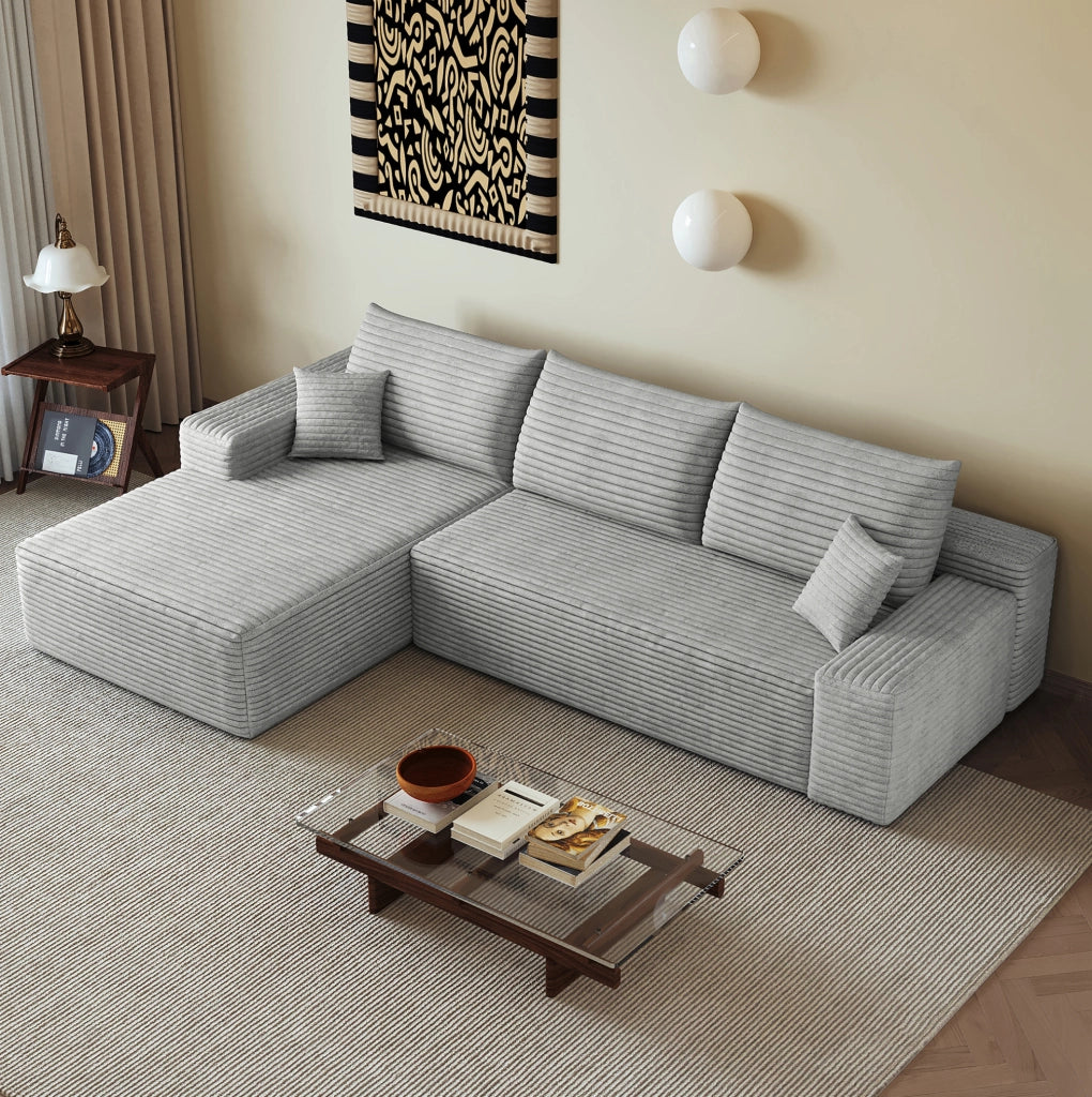 Divano modulare angolare 270 cm con chaise longue a L, tessuto in velluto a coste grigio, senza montaggio richiesto