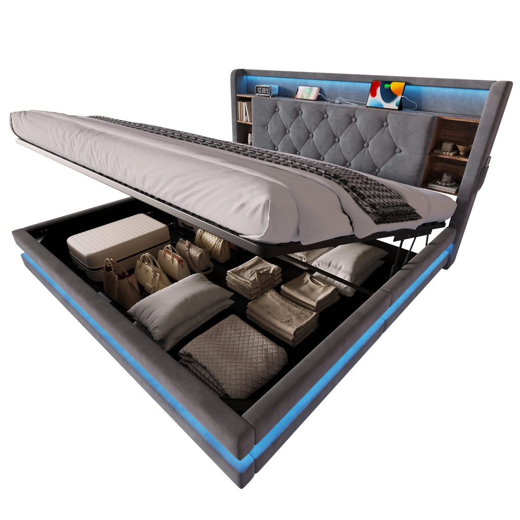 Letto contenitore con testiera multifunzione LED USB e Type-C rivestito in velluto grigio scuro