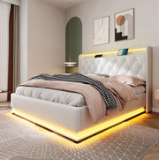 Letto matrimoniale 140x200 cm con contenitore idraulico, LED 360Â° e rivestimento in PU bianco