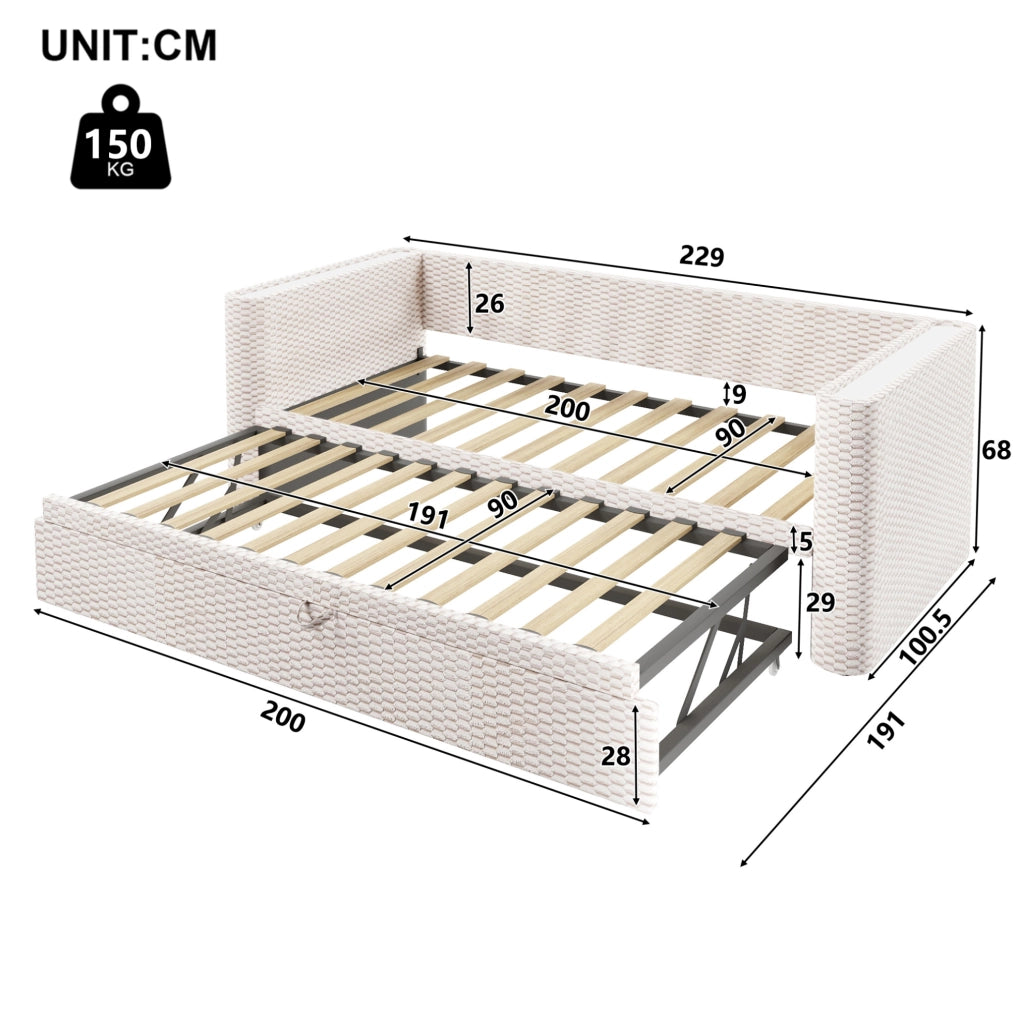 Letto estraibile 90x200 cm trasformabile in letto matrimoniale 180x200 cm in velluto beige con LED HOMVRA