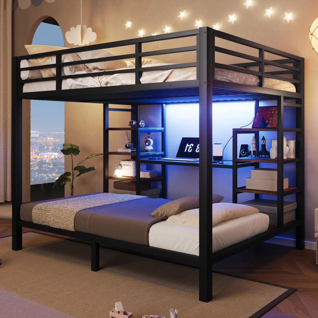 Letto a castello 90/140x200 cm in metallo e MDF con LED; USB e prese