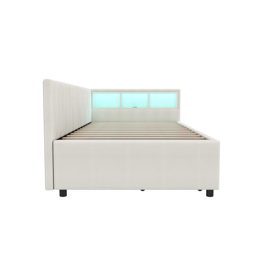 Letto da giorno 90x200 cm con 2 cassetti, LED e USB-C in lino e MDF beige
