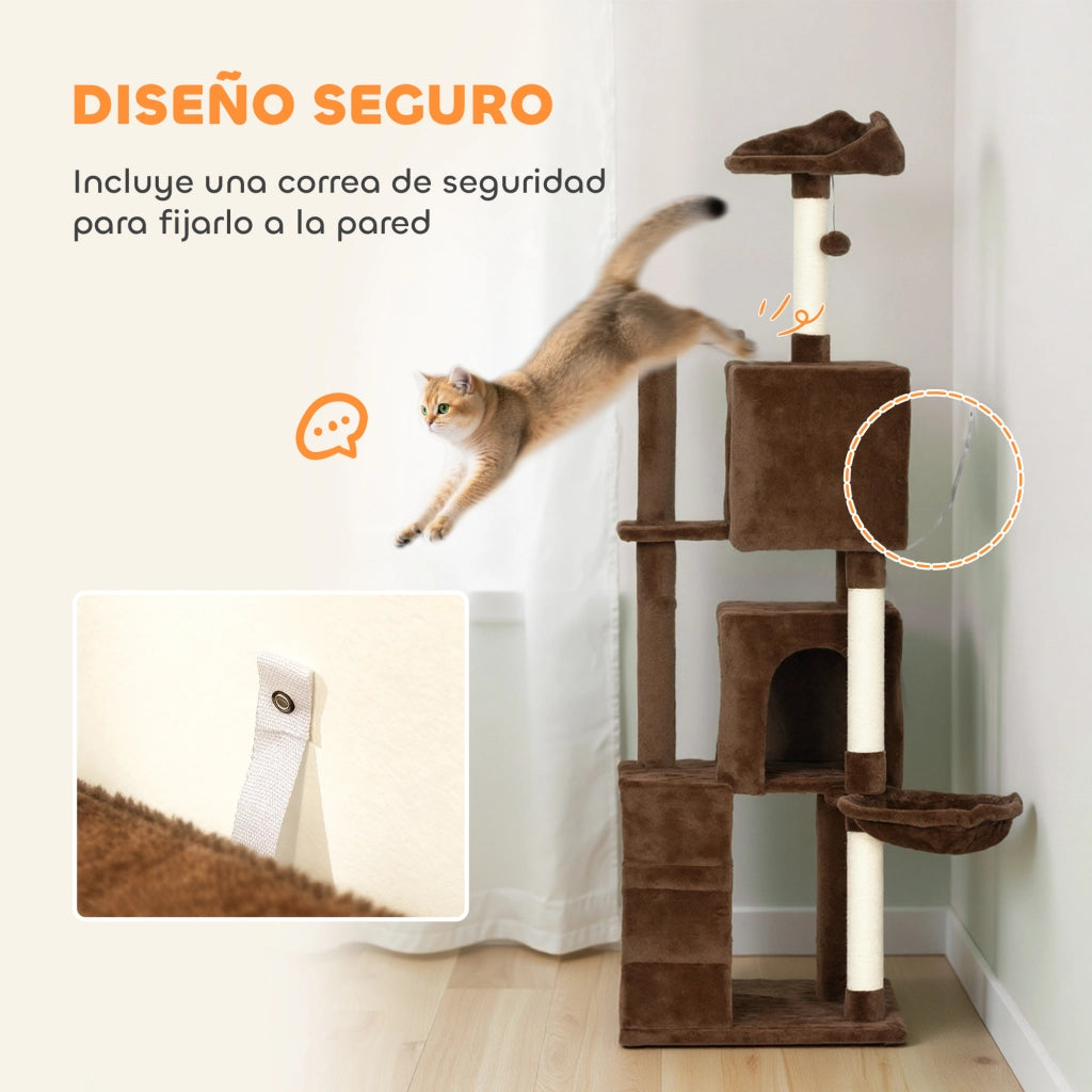 Albero tiragraffi per gatti con piattaforme, letto, amaca e scale ¨C zephmum ¨C marrone, 160 cm