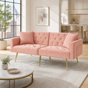 Divano relax a 2 posti in velluto rosa con schienale regolabile in 3 posizioni gambe in metallo dorato e 2 cuscini