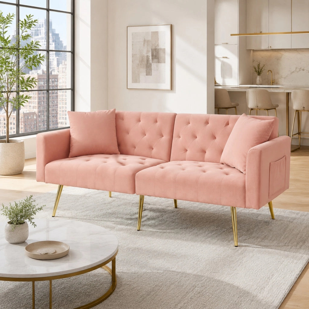 Divano relax a 2 posti in velluto rosa con schienale regolabile in 3 posizioni gambe in metallo dorato e 2 cuscini