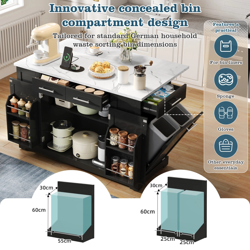 Mobile da cucina con piano ribaltabile; ruote; presa EU e vano rifiuti estraibile nero in MDF 138 × 86 × 92 cm