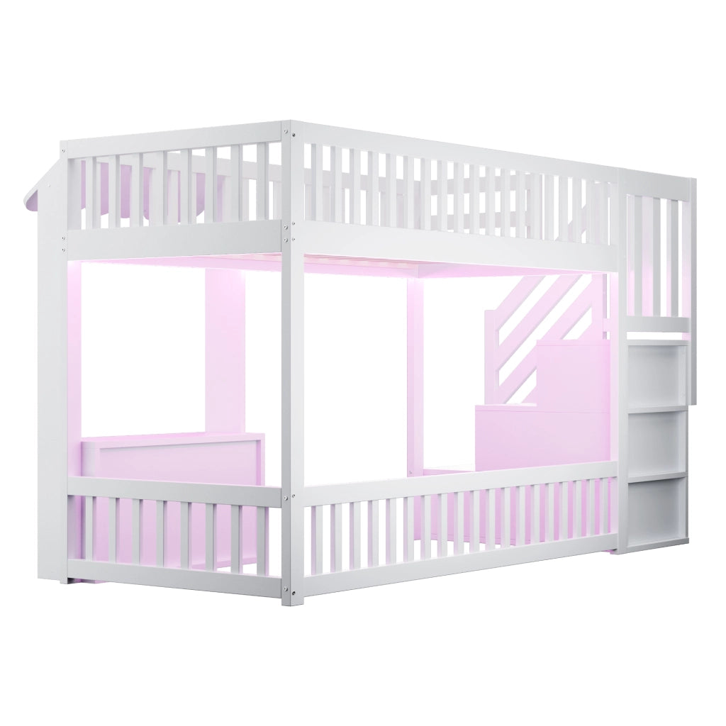 Letto soppalcato in legno 90x200 cm con scala contenitore; LED multicolore; bianco e rosa