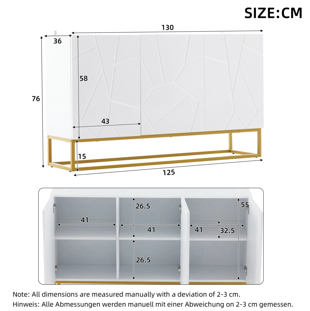 Sideboard moderno bianco in truciolato lucido 130x38x76 cm con 3 ante e ripiani regolabili